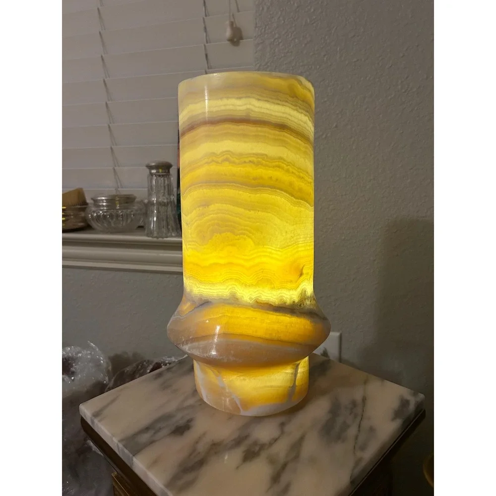 Vintage Natural Banded Onyx Cylinder Table Lamp Amber Stone 12in‎ Good Condition